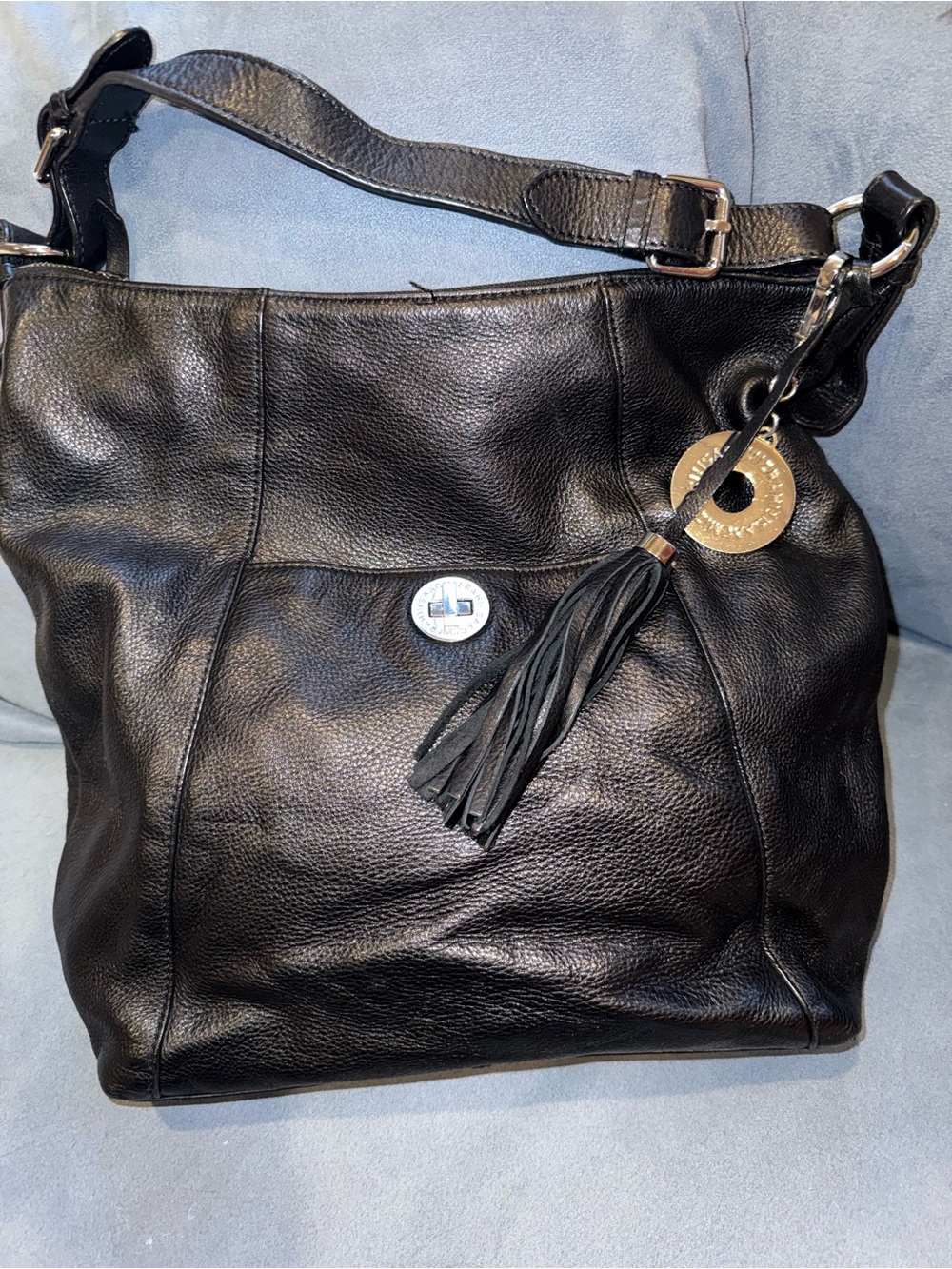 Isaac Mizrahi Black Leather Shoulder Bag with Tan Interior